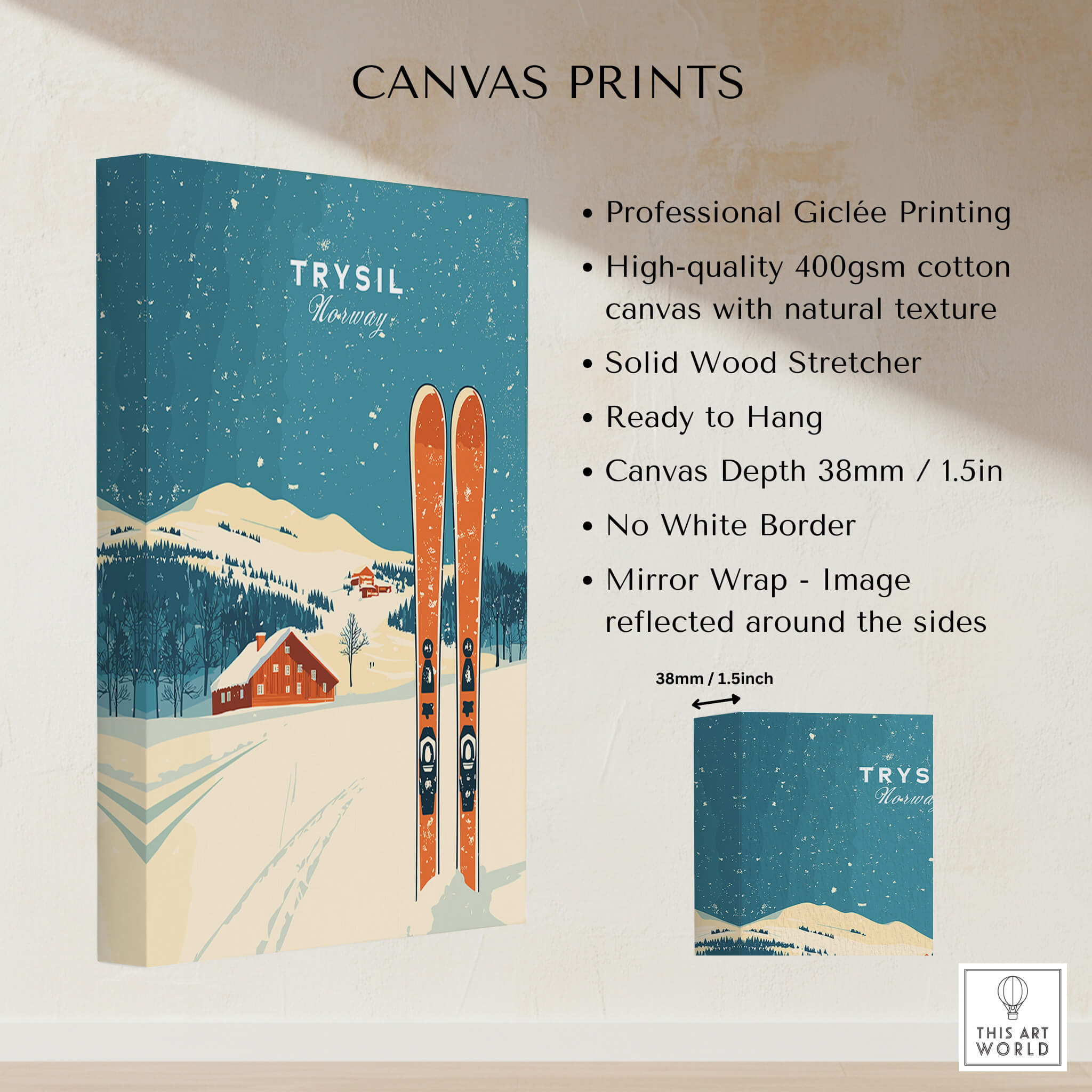 Trysil Ski Wall Art Print Norway showcasing professional giclée printing on high-quality cotton canvas.