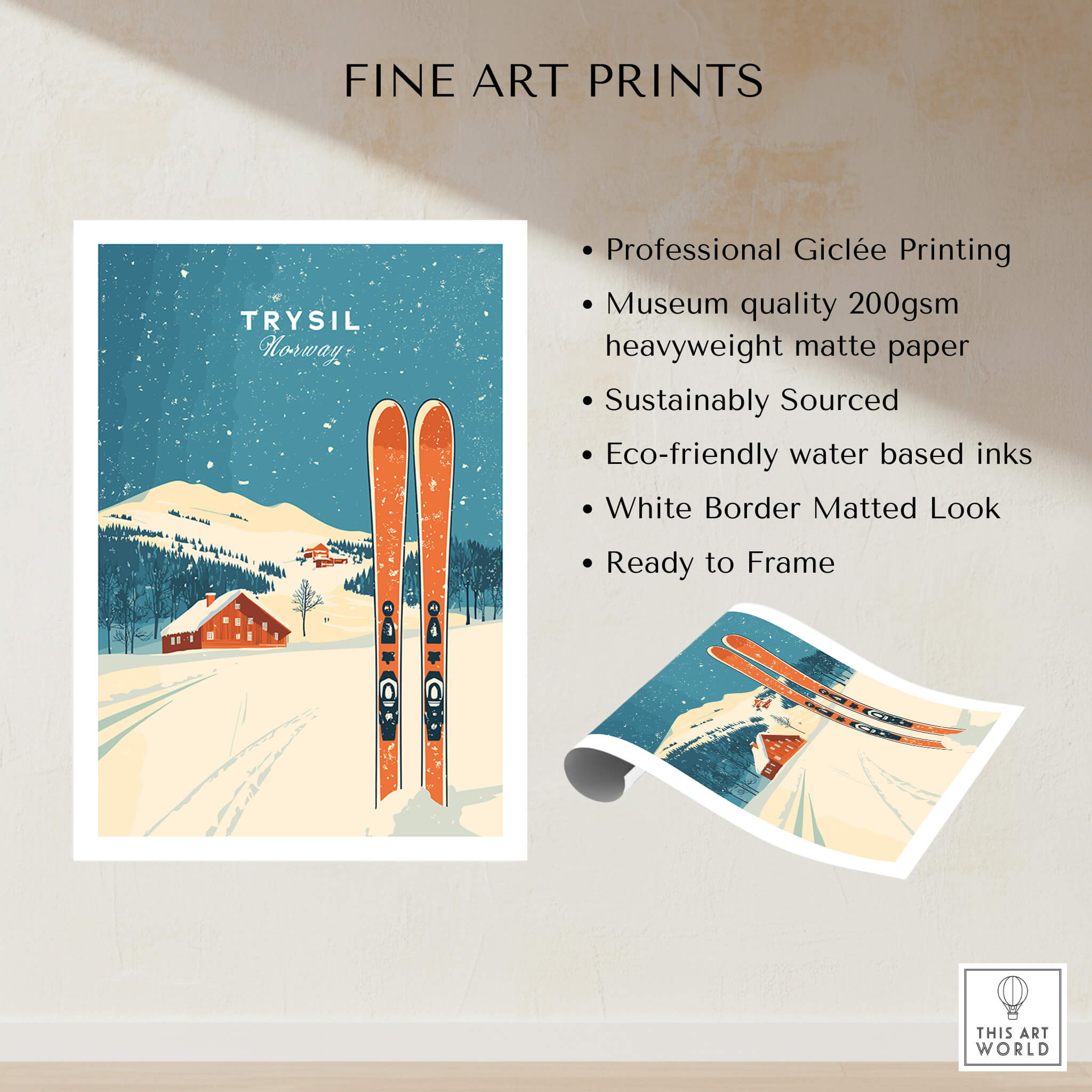Trysil Ski Wall Art Print Norway featuring professional Giclée printing and eco-friendly materials.