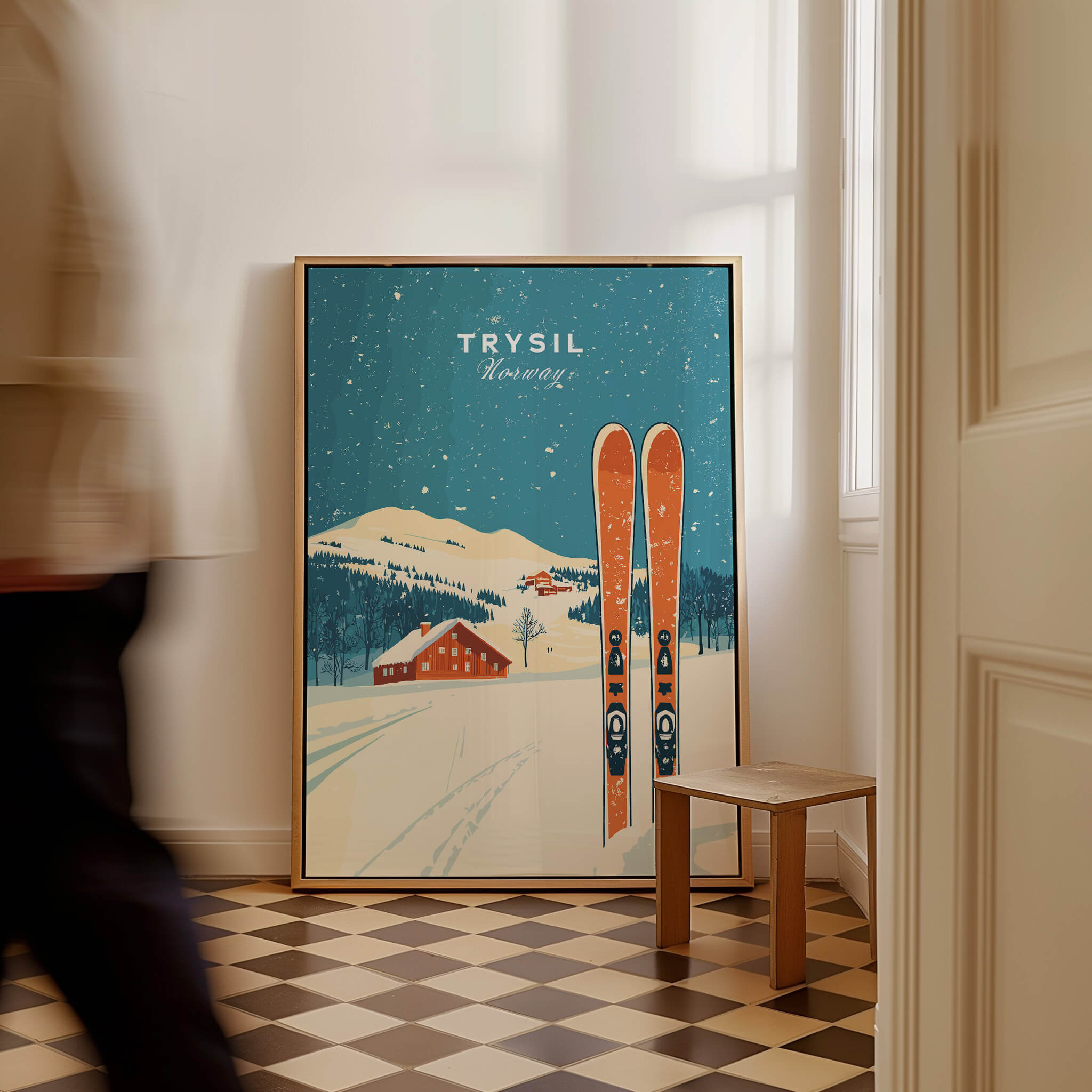 Trysil Ski Wall Art Print Norway showcasing a snowy landscape with skis and a Norwegian cabin in a cozy interior.