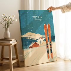 Trysil Ski Wall Art Print Norway featuring vibrant artwork of skiing in Trysil, Norway with colorful skis and a snowy landscape.
