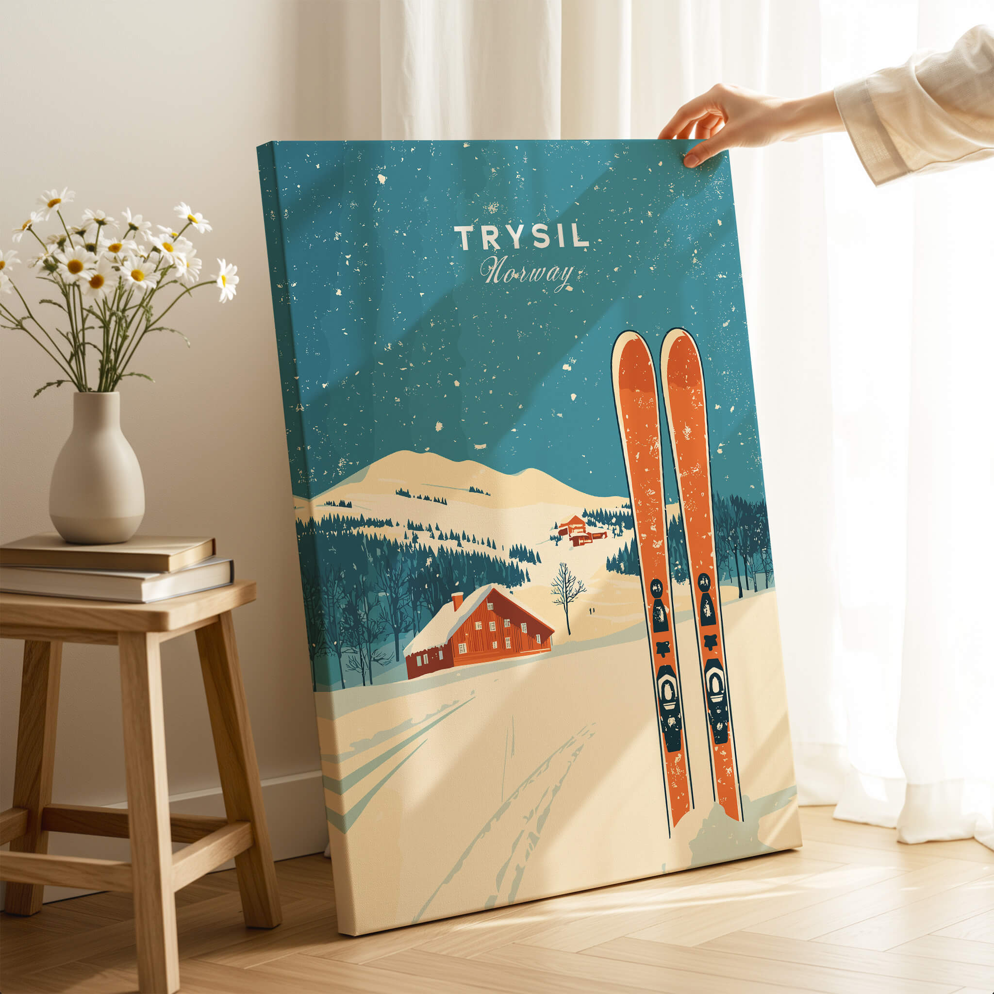 Trysil Ski Wall Art Print Norway featuring vibrant artwork of skiing in Trysil, Norway with colorful skis and a snowy landscape.