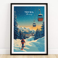 Trysil Print Norway ski art featuring a skier and snow-covered mountains in a beautiful winter landscape.