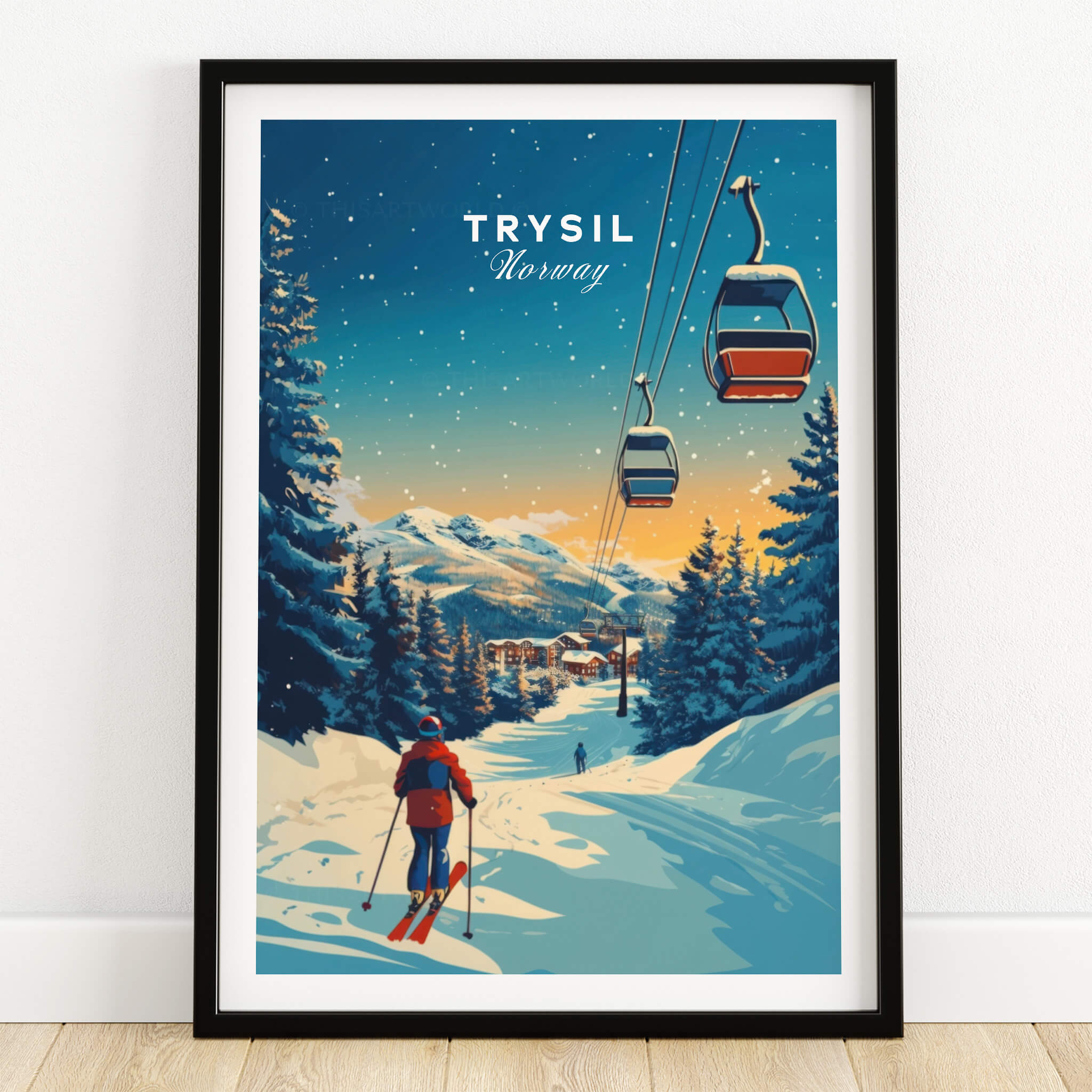 Trysil Print Norway ski art featuring a skier and snow-covered mountains in a beautiful winter landscape.