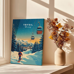 Trysil Print Norway showcasing a skier and gondolas against a beautiful snowy backdrop in a cozy indoor setting.