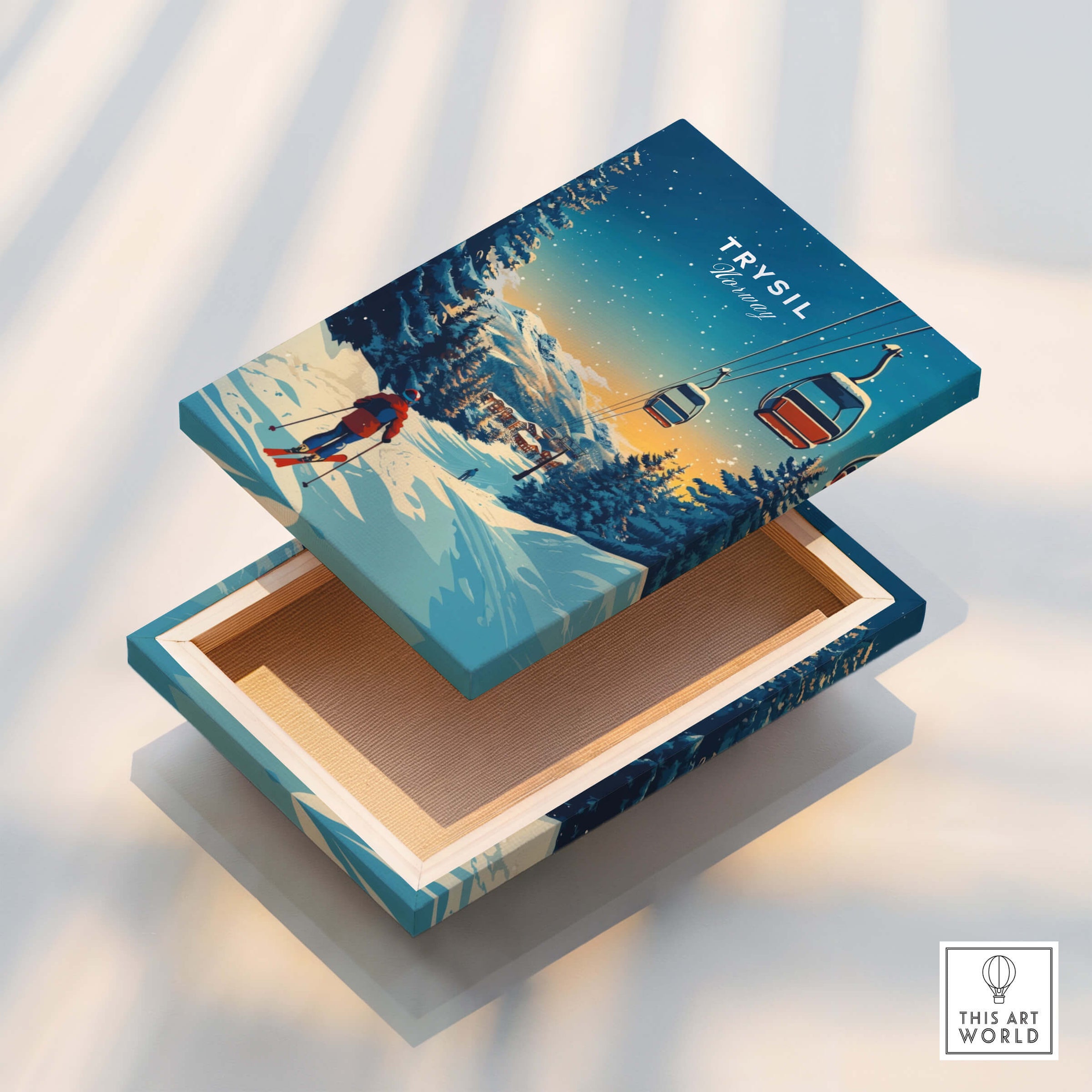 Trysil Print Norway decorative box showcasing a winter scene with ski lifts and a skier against a snowy backdrop.