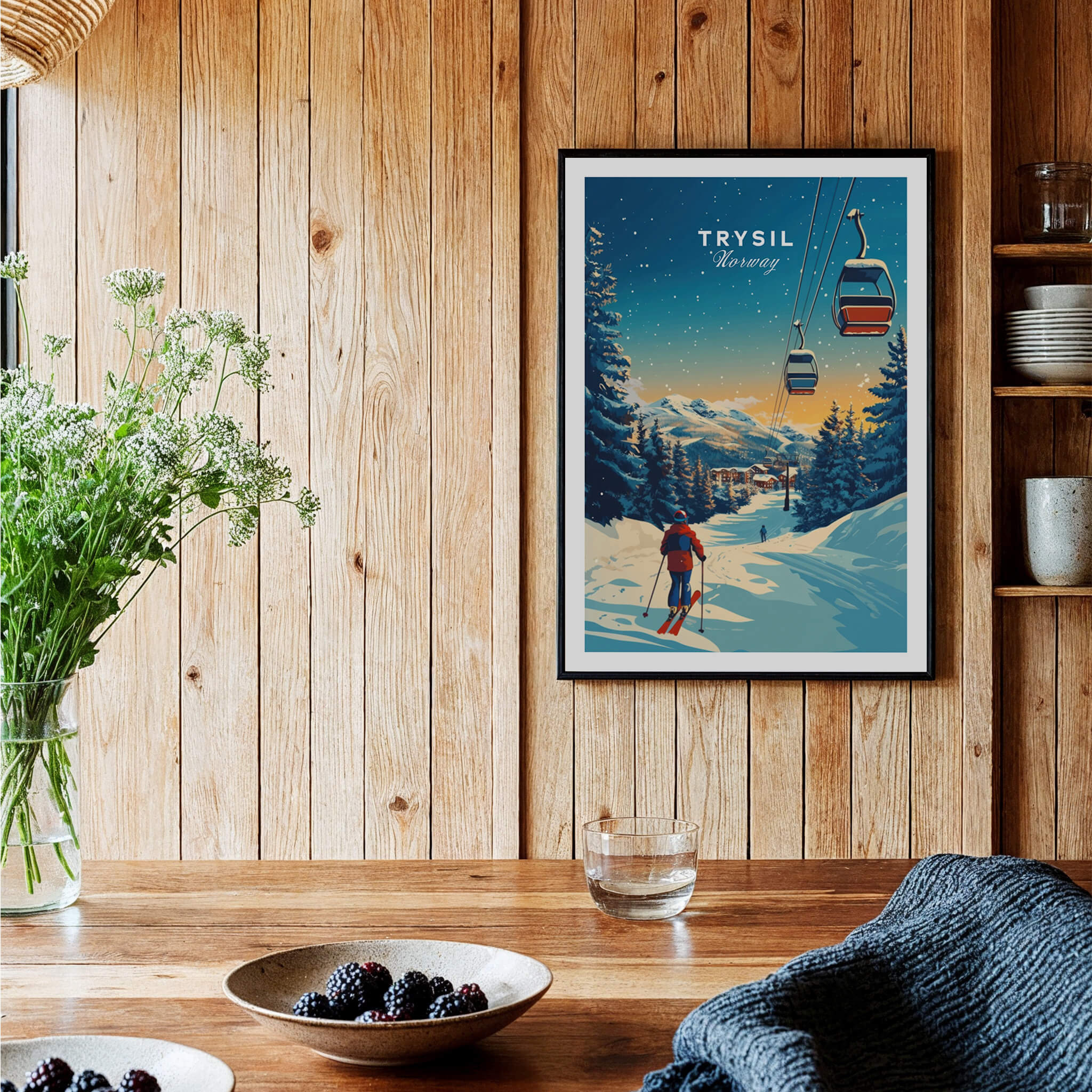 A beautiful Trysil Print Norway displayed in a cozy interior featuring a skier and cable cars in a snowy landscape.