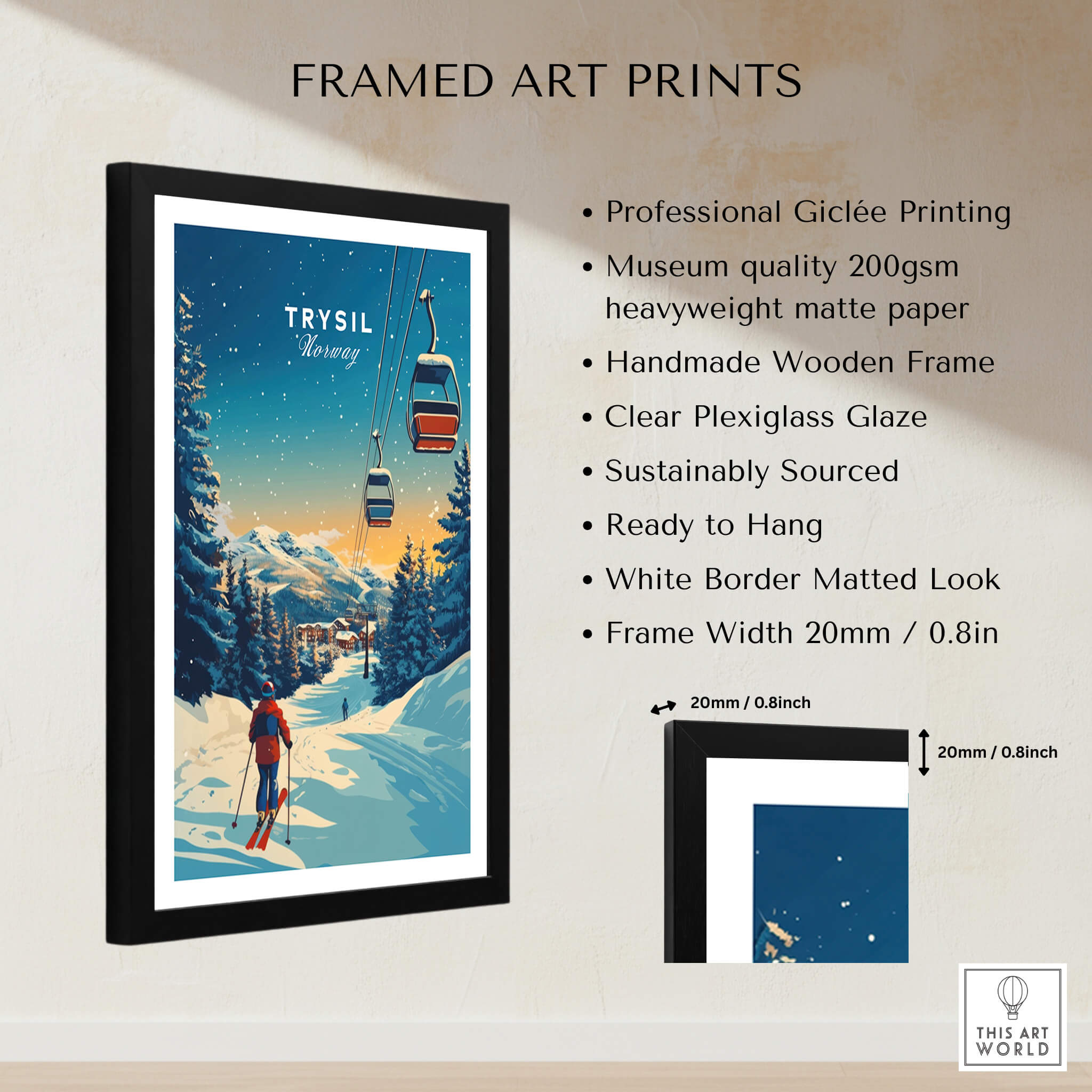 Framed Trysil Print Norway featuring a stunning ski scene, professionally printed and ready to hang.