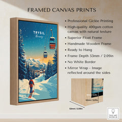 Framed canvas print titled Trysil Print Norway, showcasing snowy slopes and ski lifts, perfect for winter sports enthusiasts.
