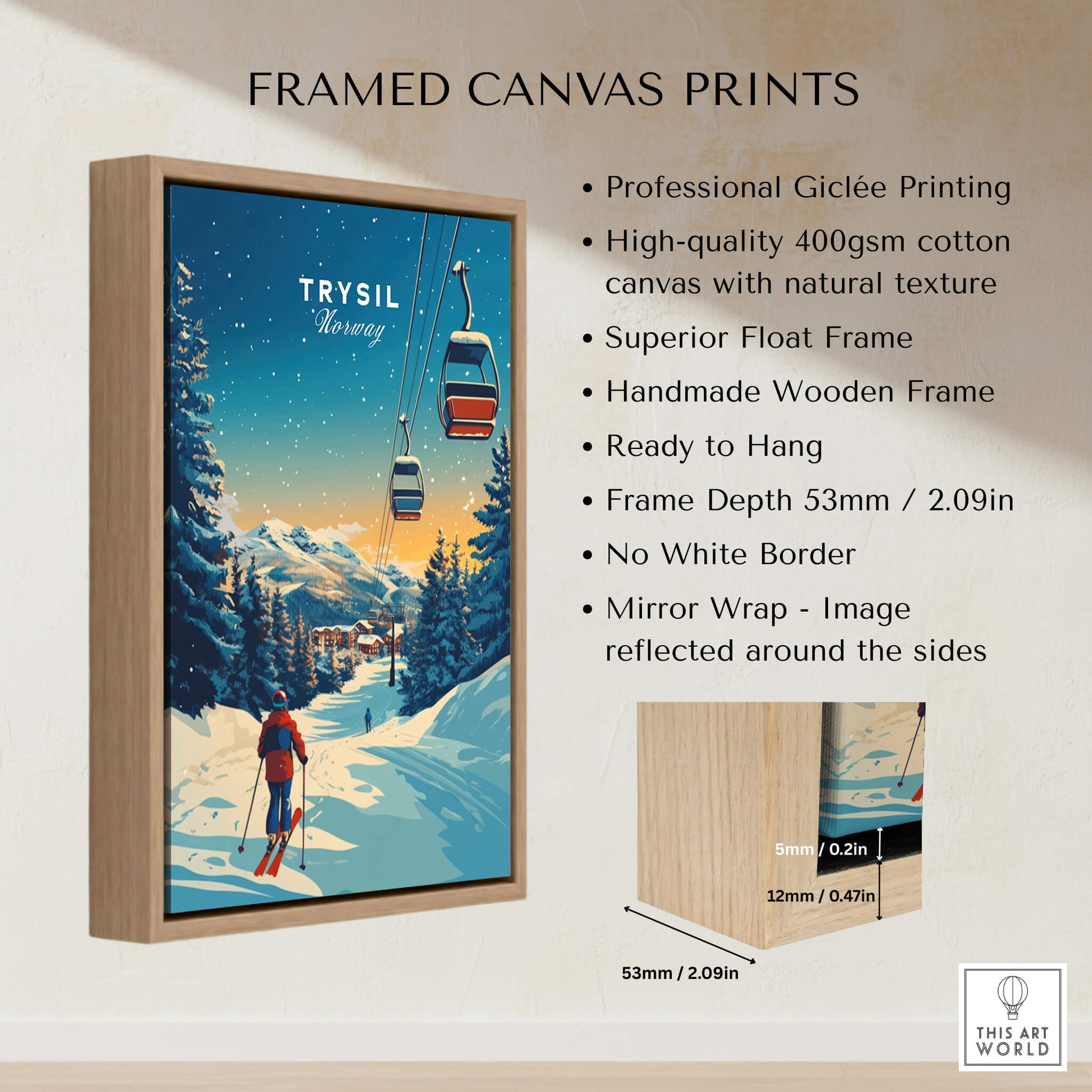 Framed canvas print titled Trysil Print Norway, showcasing snowy slopes and ski lifts, perfect for winter sports enthusiasts.