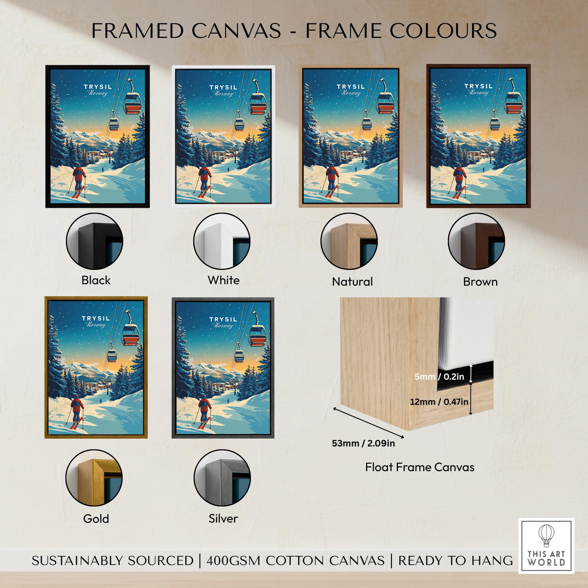 Framed canvas options for Trysil Print Norway ski artwork in various frame colors including black, white, natural, brown, gold, and silver.