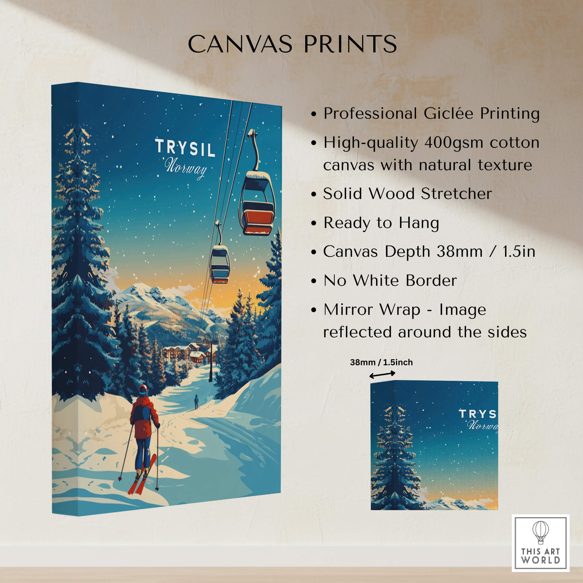 Trysil Print Norway canvas print showcasing skiing in a beautiful Norwegian landscape with high-quality giclée printing.