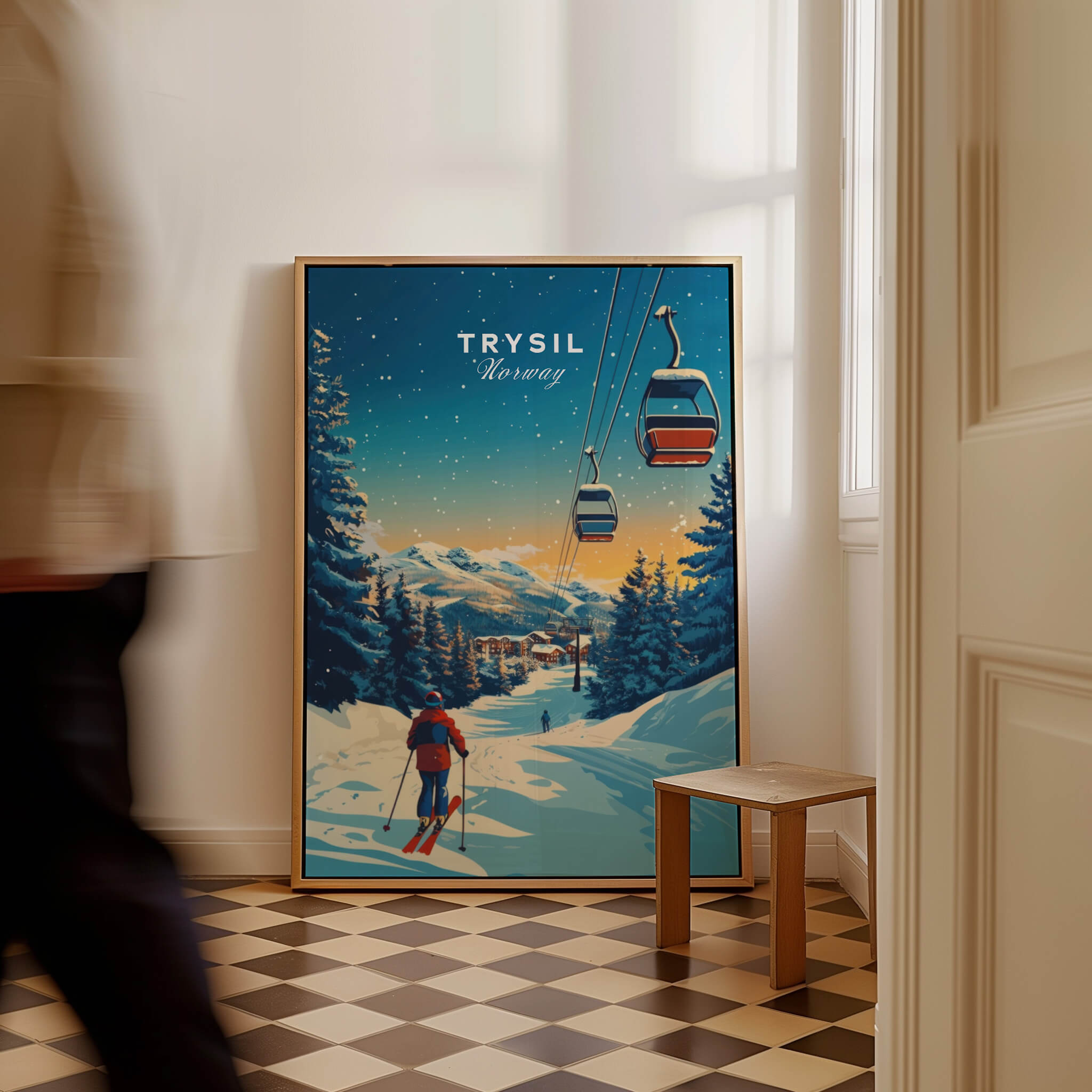 Trysil Print Norway wall art featuring a skier and ski lift in a beautiful snowy landscape.