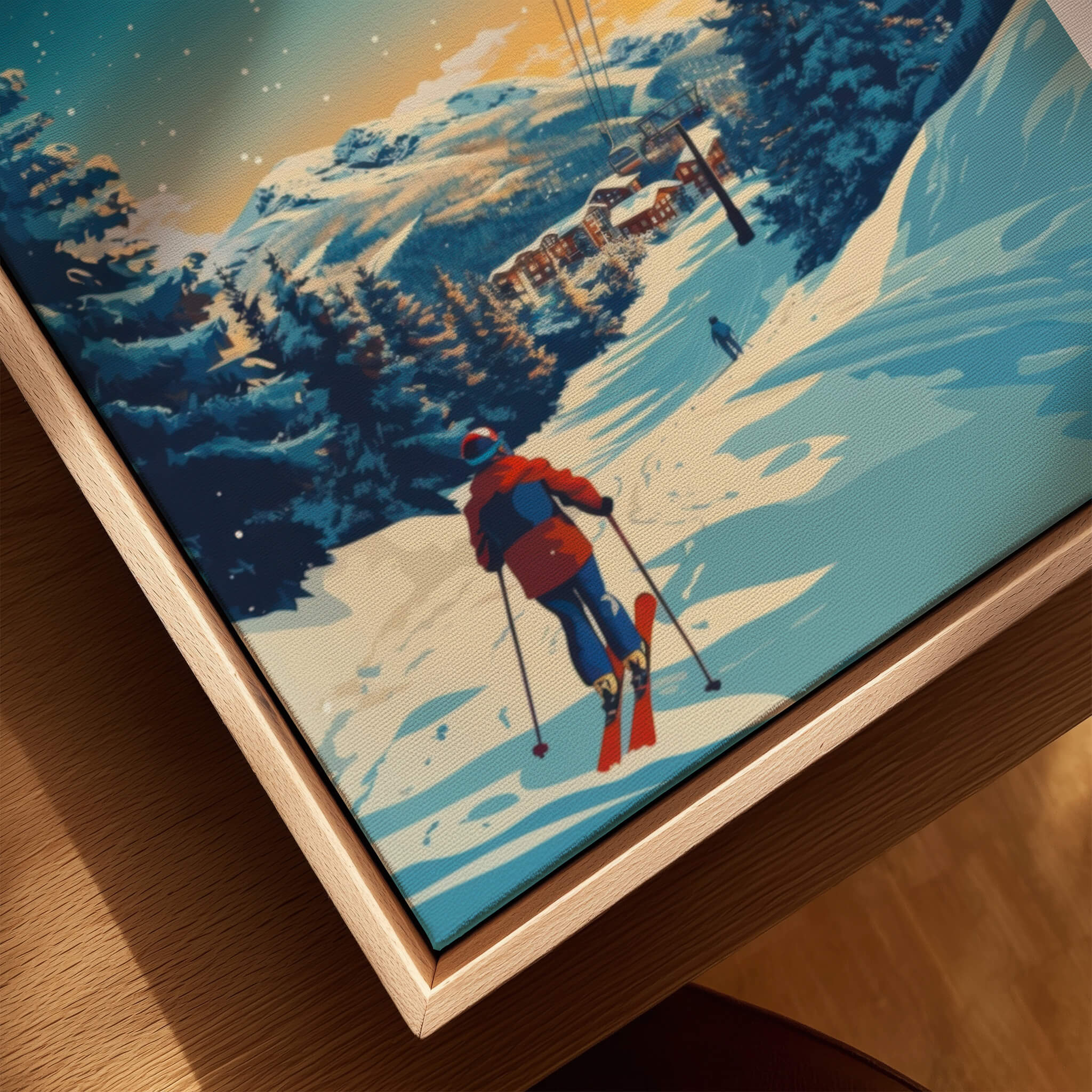 Skiing on snowy slopes with trees in Trysil Print Norway artwork, capturing the essence of Norway's winter thrill.