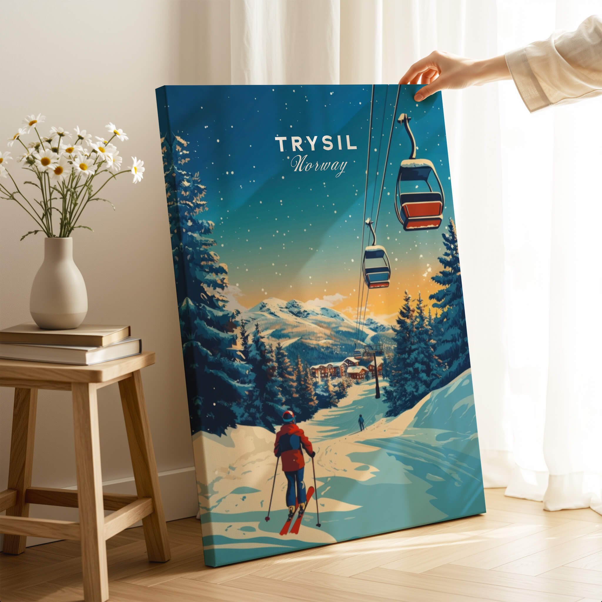 Trysil Print Norway showcased in a vibrant ski scene with snow-covered mountains and ski lifts.