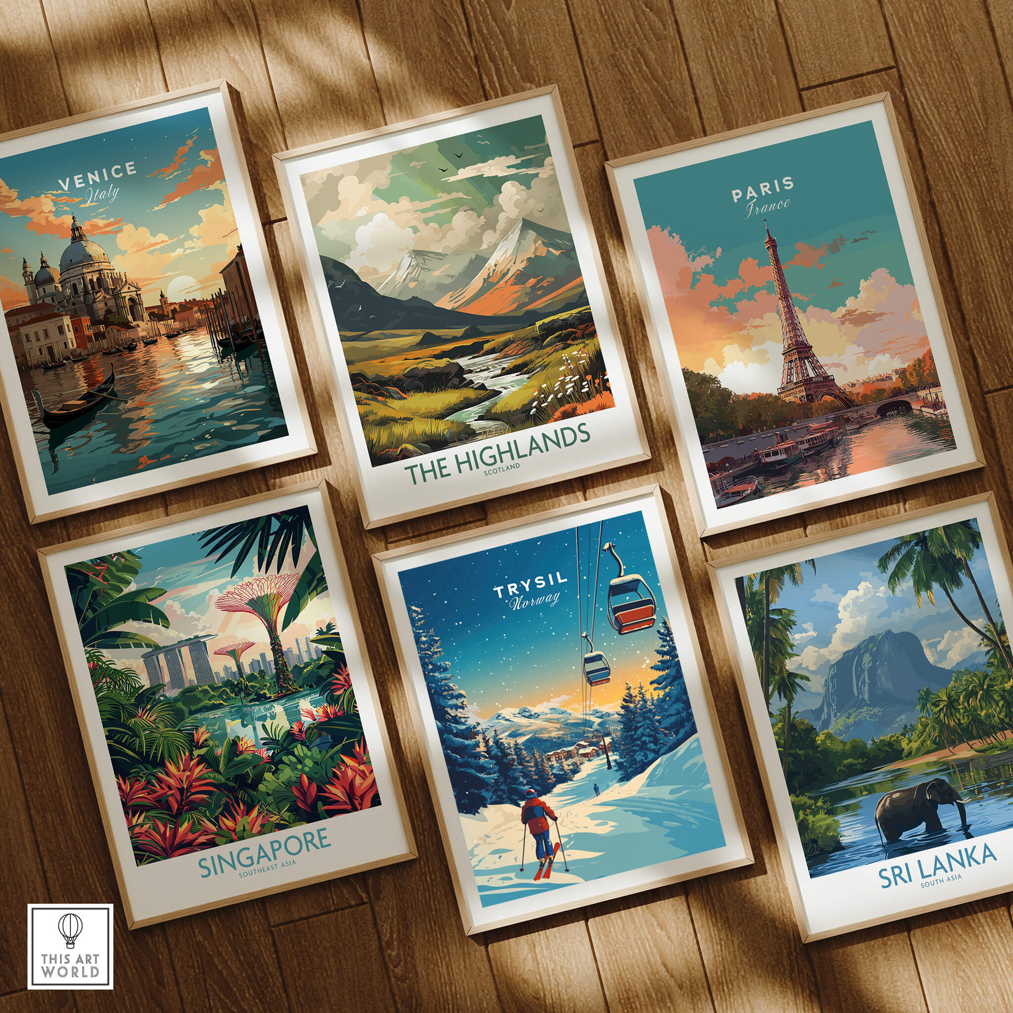 Collection of travel prints including Trysil Print Norway, Venice, Paris, Sri Lanka, The Highlands, and Singapore.