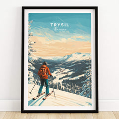 Ski Print Trysil Norway framed artwork featuring a skier on a snowy slope against a beautiful mountain backdrop.