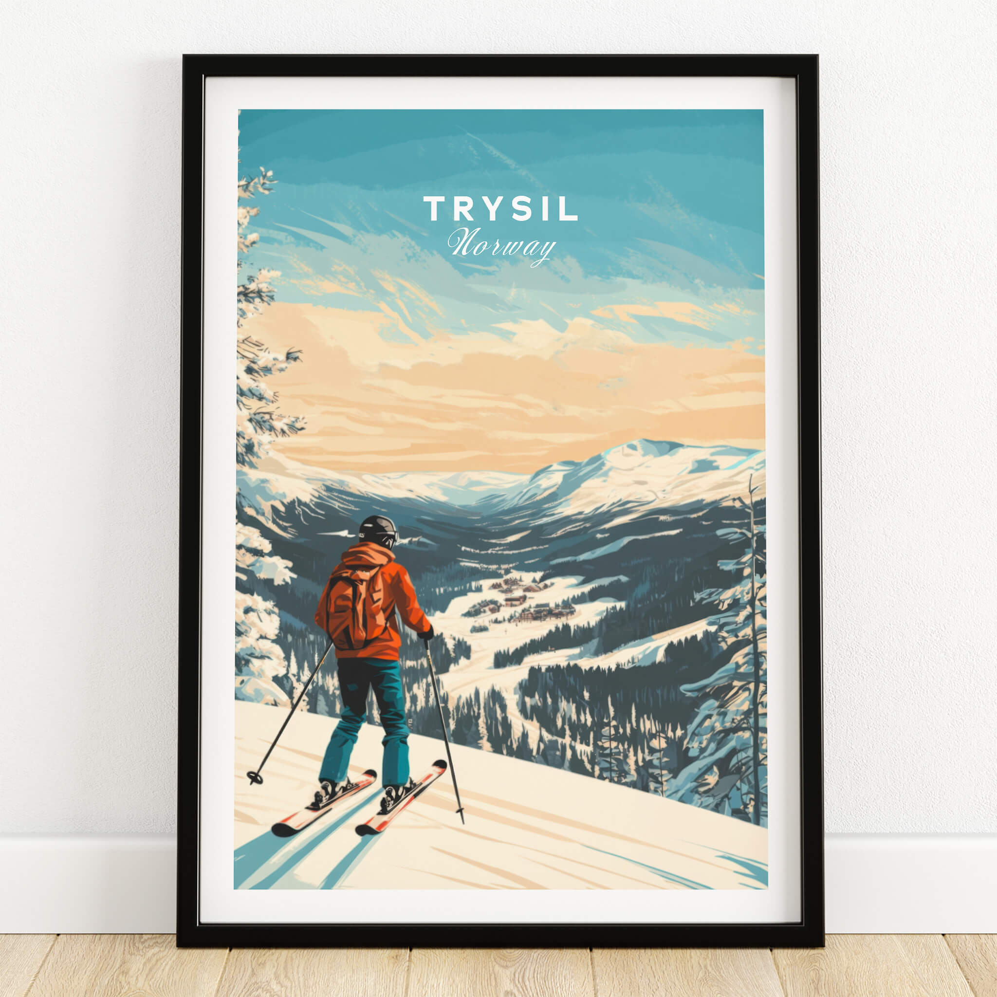 Ski Print Trysil Norway framed artwork featuring a skier on a snowy slope against a beautiful mountain backdrop.