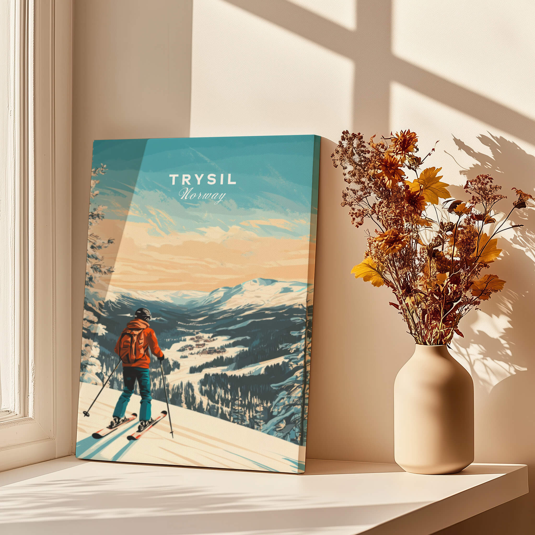 Ski Print Trysil Norway showcasing a skier enjoying the stunning mountain landscape of Trysil, Norway.