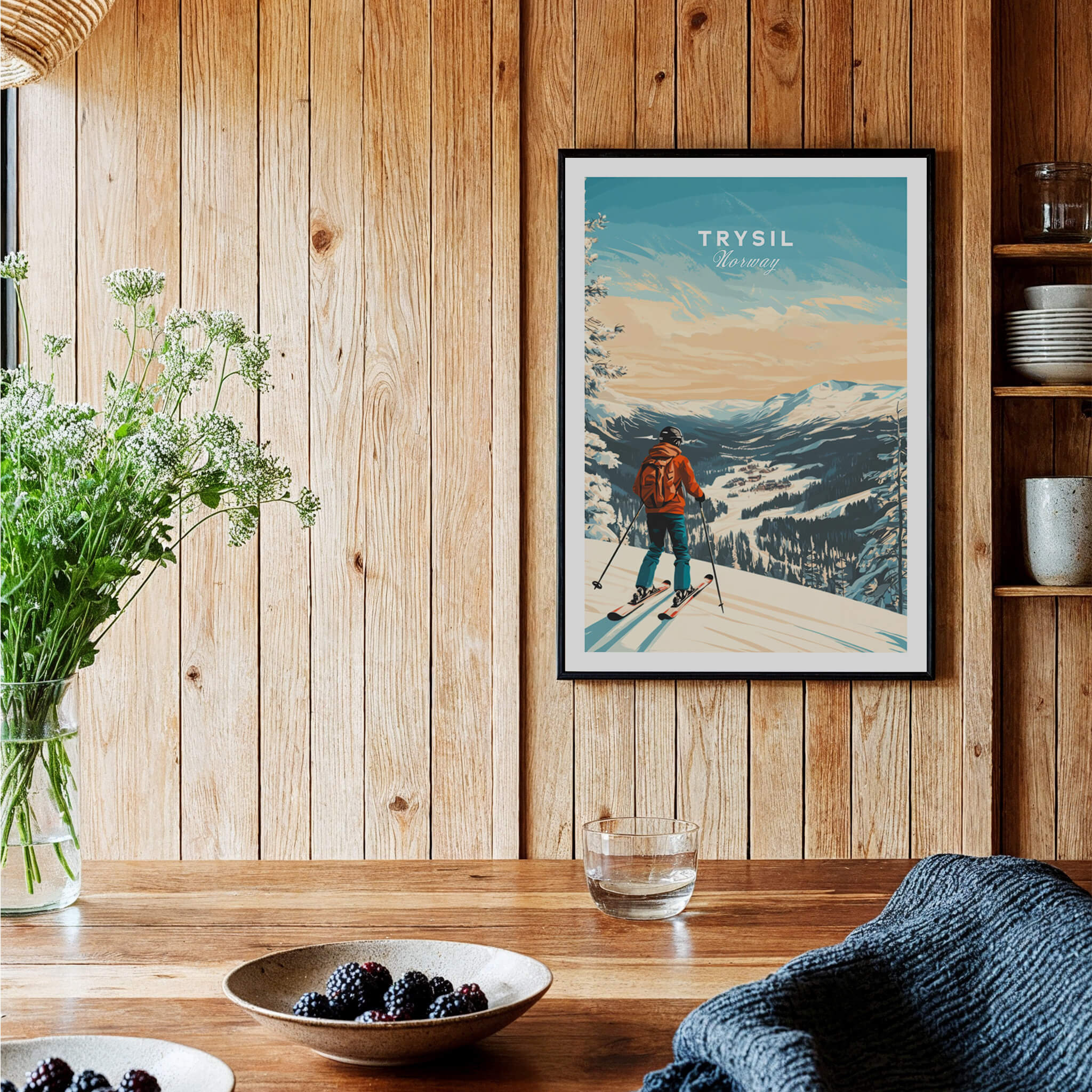Ski Print Trysil Norway displayed on a wooden wall, showcasing winter sports with a skier against a scenic mountain backdrop.