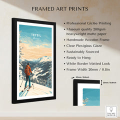 Ski Print Trysil Norway framed art print showcasing picturesque snow-capped mountains and skier.