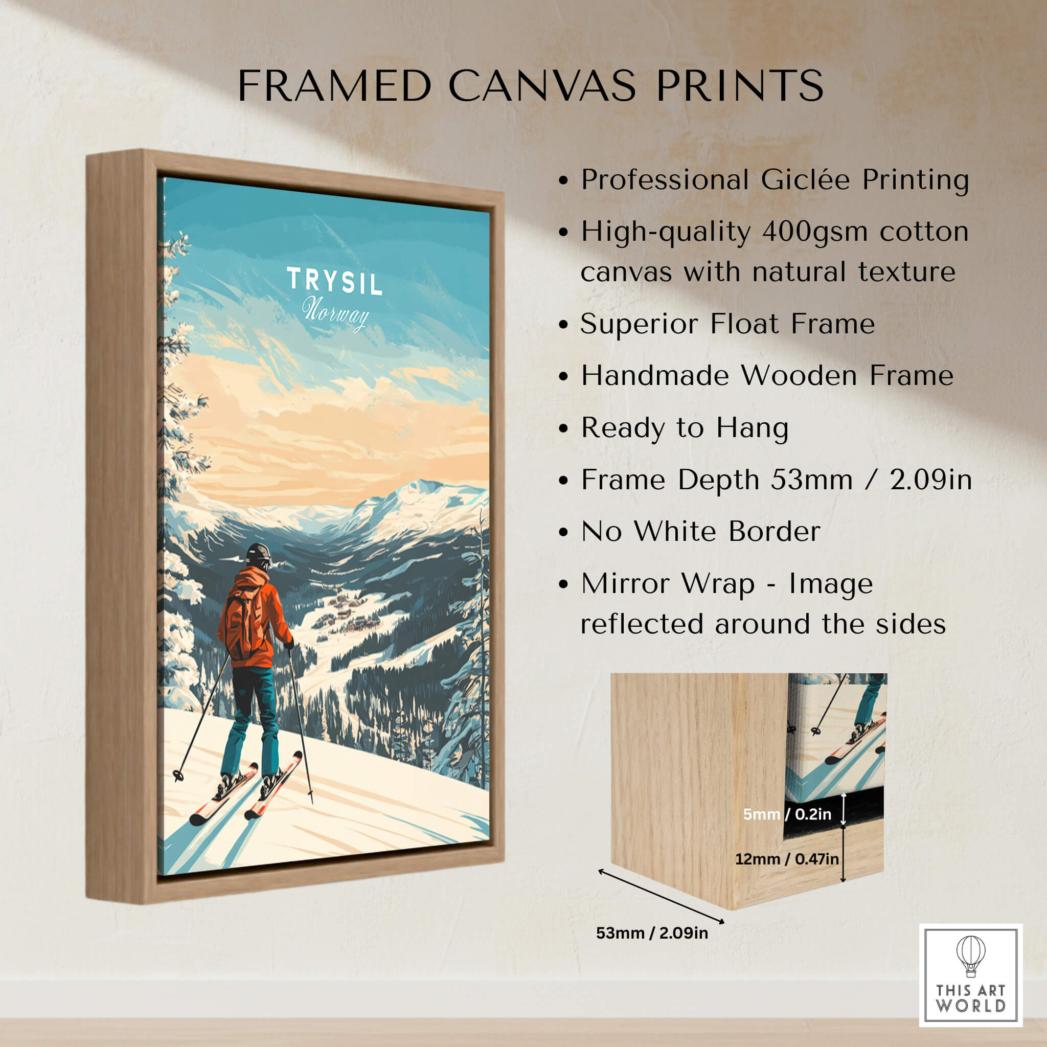 Framed canvas print featuring Ski Print Trysil Norway, showcasing scenic winter landscape and skier.