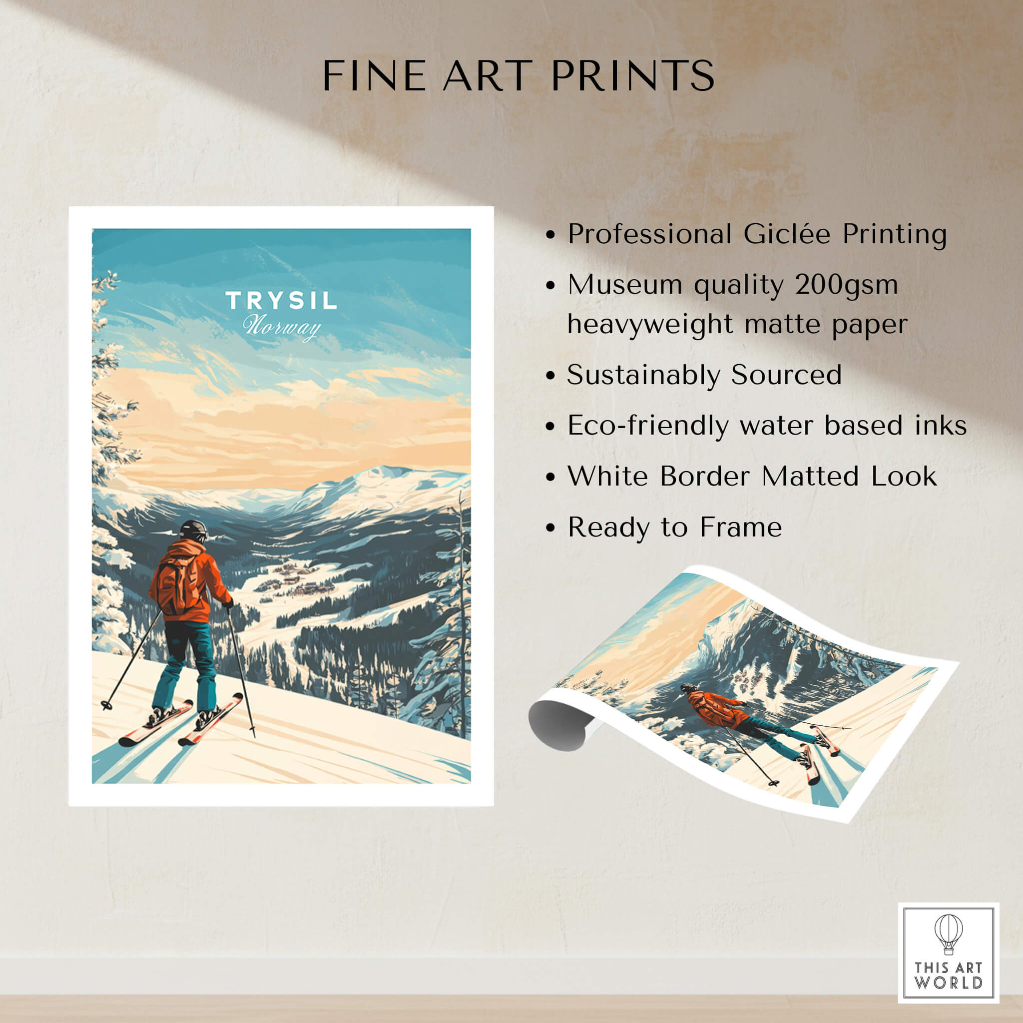 Ski Print Trysil Norway showcasing a skier in the breathtaking landscape of Trysil, Norway on heavyweight matte paper.