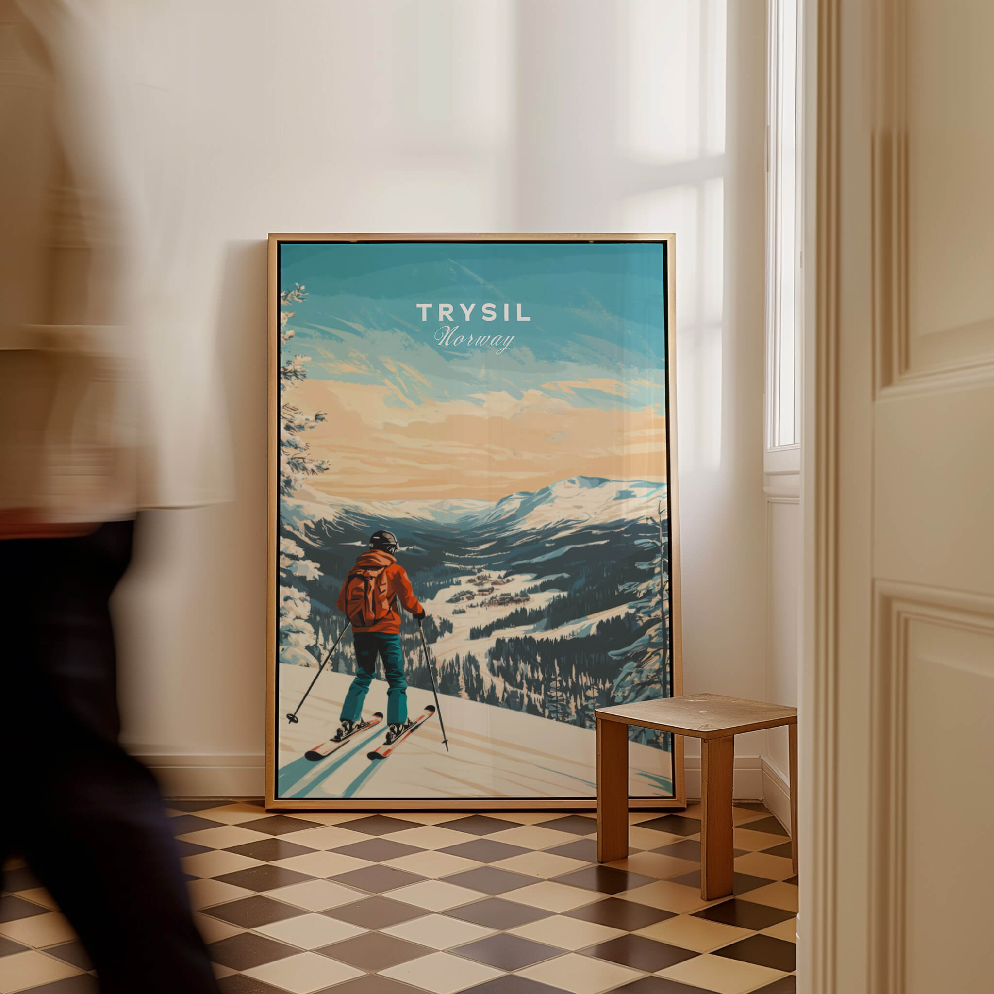 Ski Print Trysil Norway showcasing a skier in a beautiful mountain landscape, ideal for winter sports enthusiasts.
