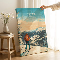 Ski Print Trysil Norway showcasing a skier overlooking picturesque mountains and slopes in Trysil, Norway.