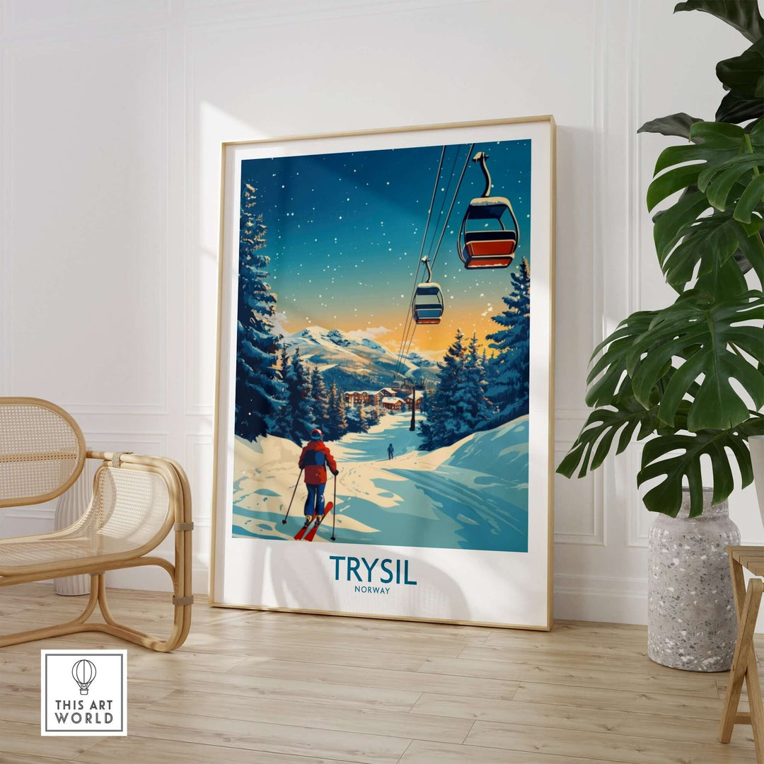 Trysil Poster showcasing a skier on snowy slopes with chairlifts, perfect for ski enthusiasts and home decor lovers.