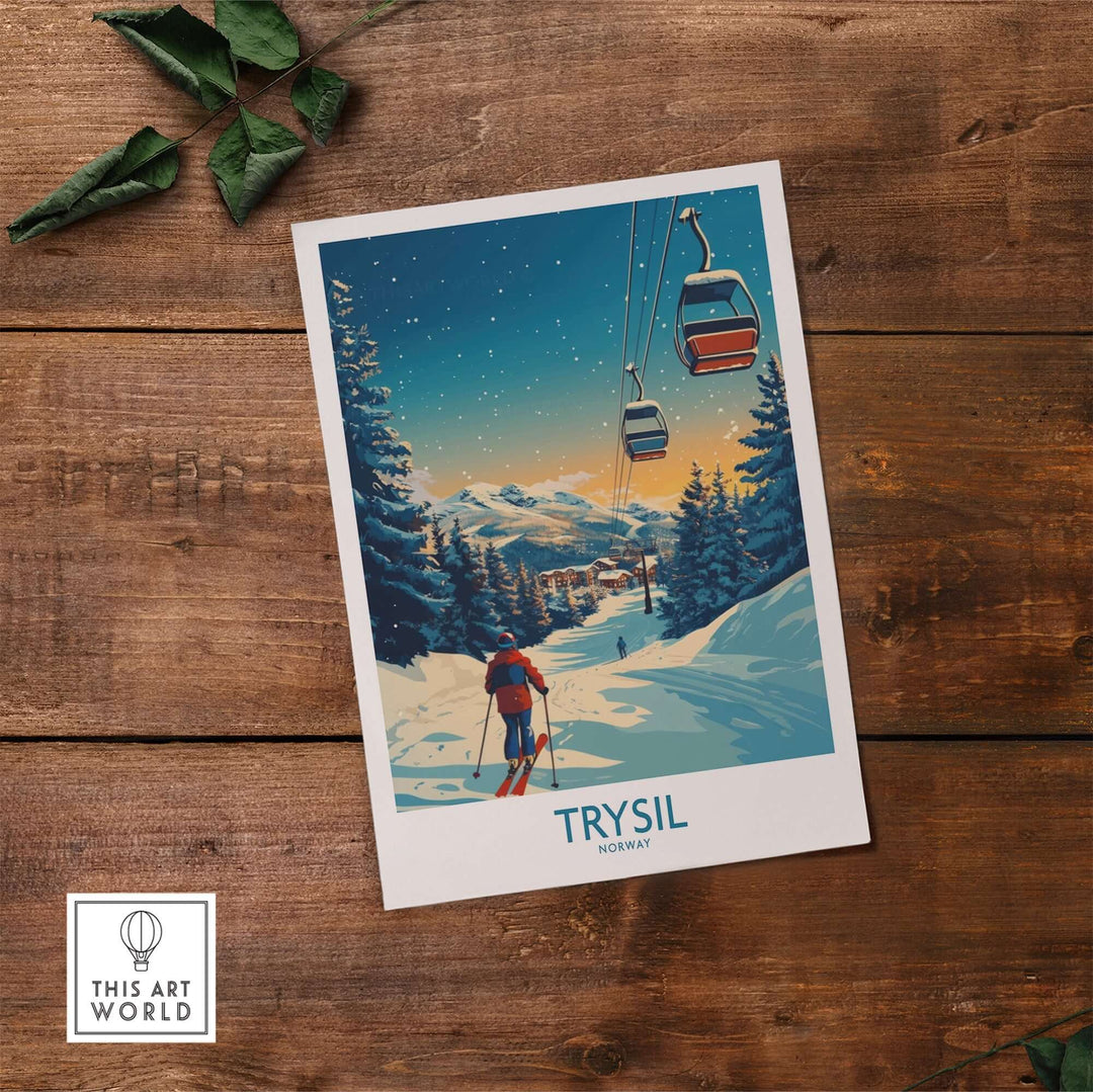 Trysil Poster showcasing skiing in Norway with majestic mountains and ski gondolas against a starry sky. Perfect for decor.