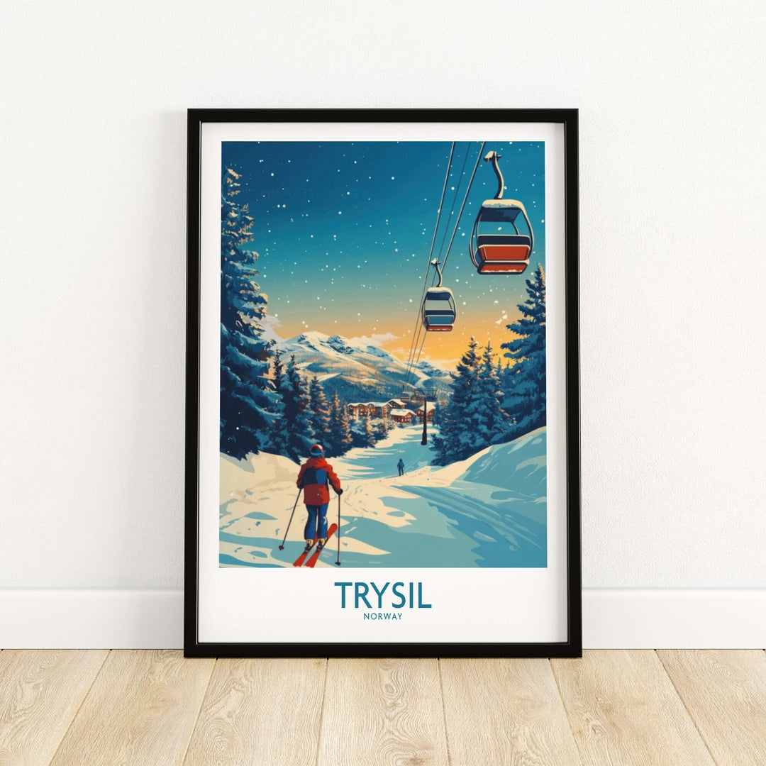 Trysil Poster showcasing skier on snowy slopes with gondolas, capturing the essence of Norway's winter beauty.