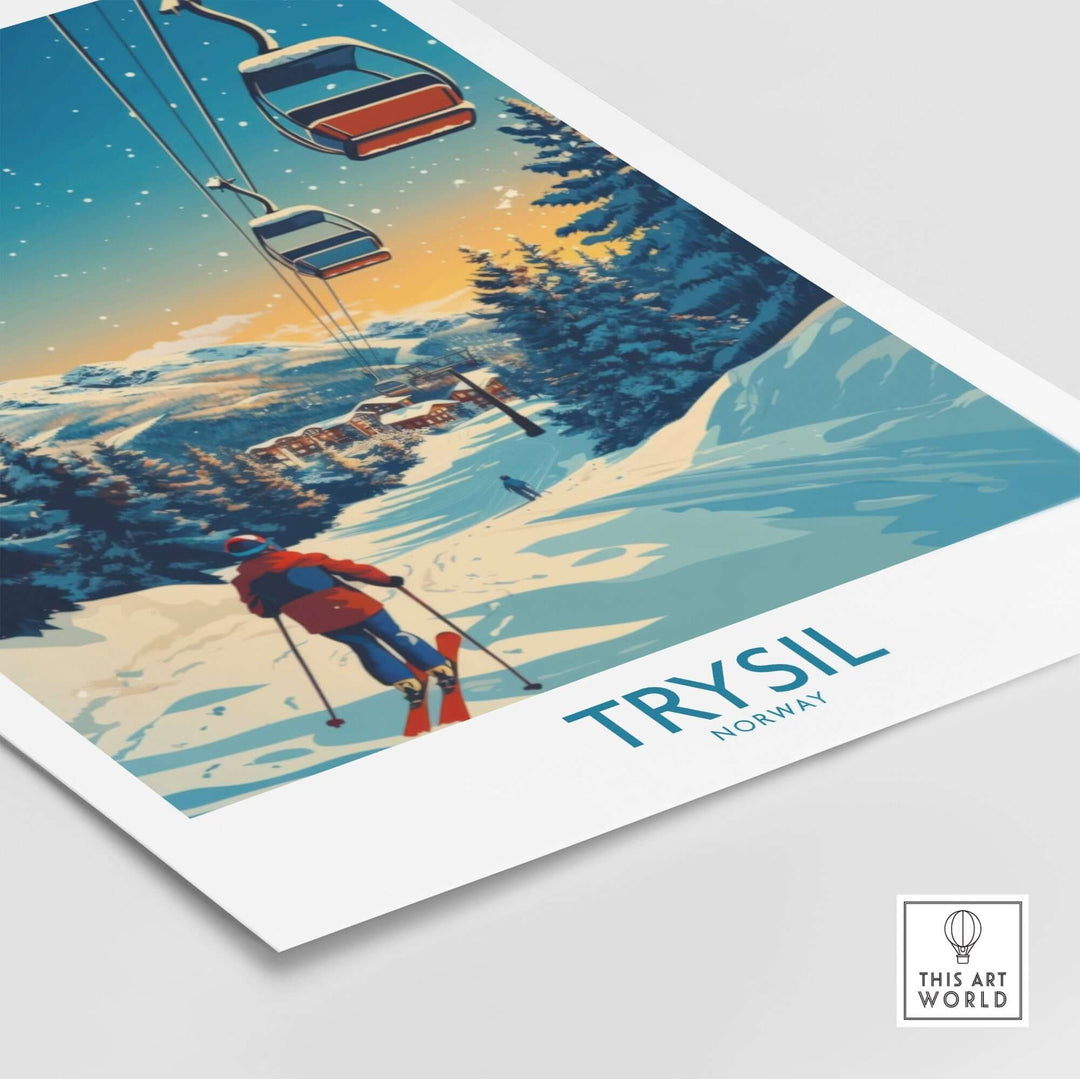 Trysil Poster featuring a skier on snowy slopes with ski lift in beautiful Norwegian mountains at sunset.