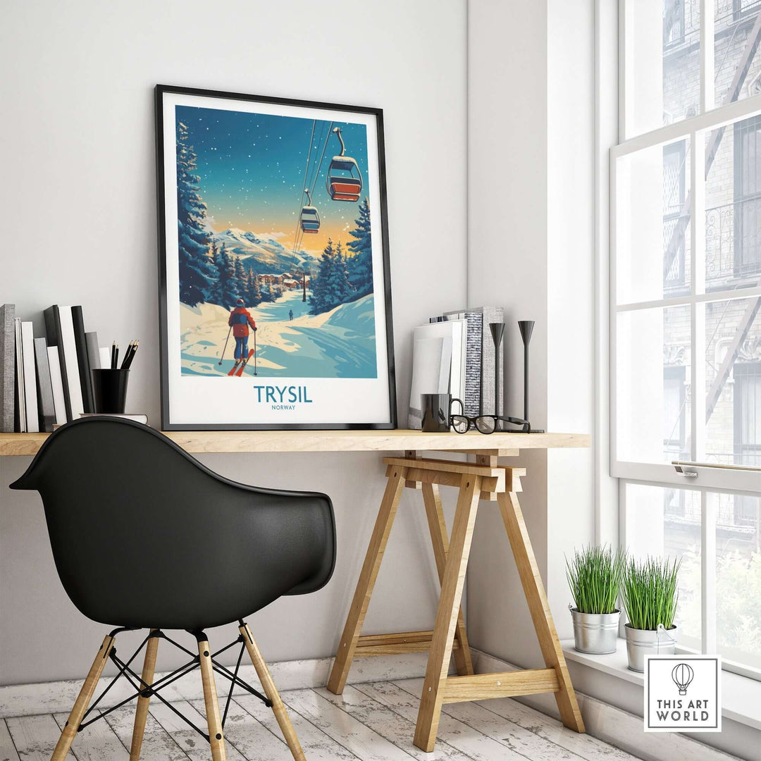 Trysil poster featuring ski slopes and gondolas, enhancing home decor for ski enthusiasts in a stylish workspace.