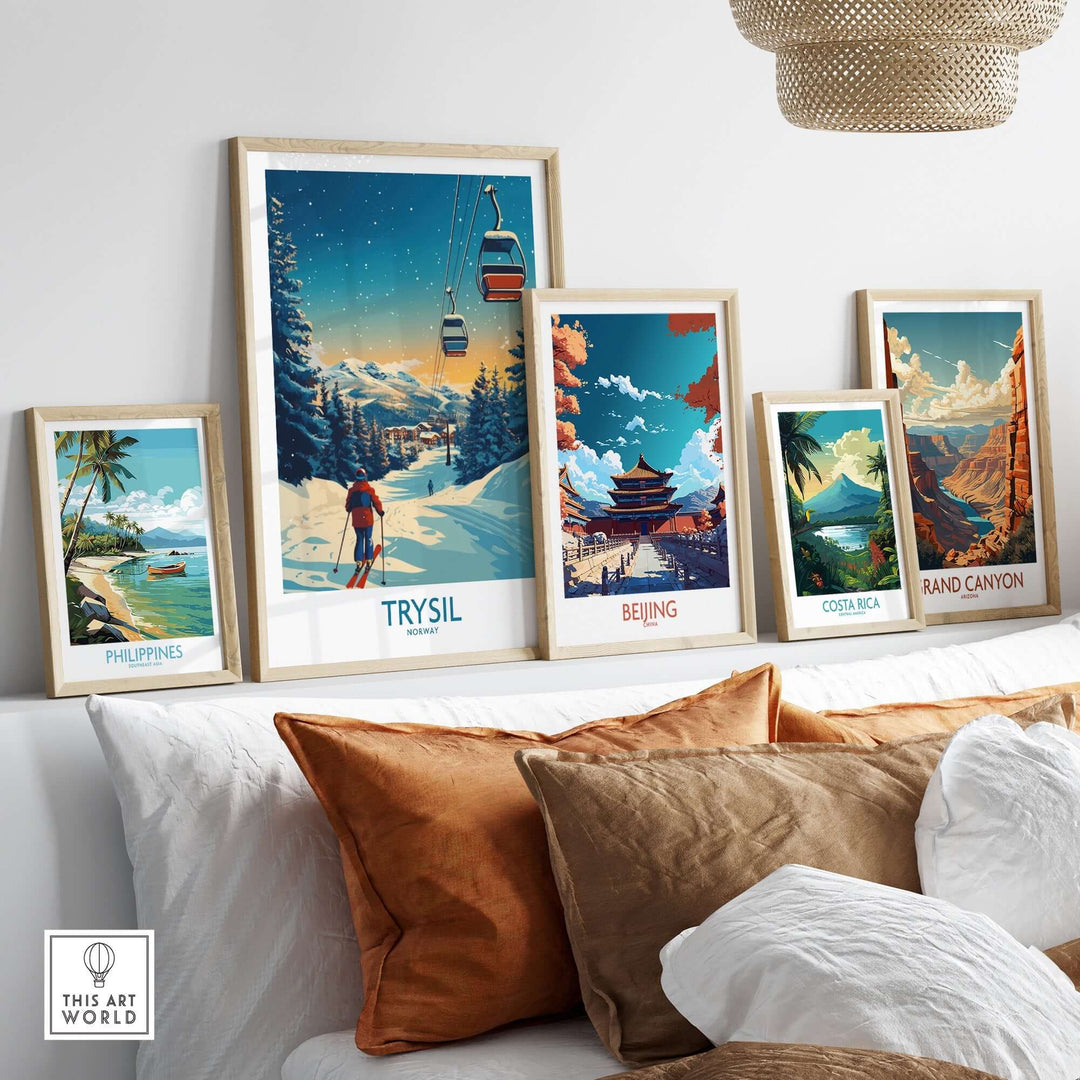 Stylish wall art featuring Trysil, Beijing, Costa Rica, and the Grand Canyon posters in a cozy decor setting.