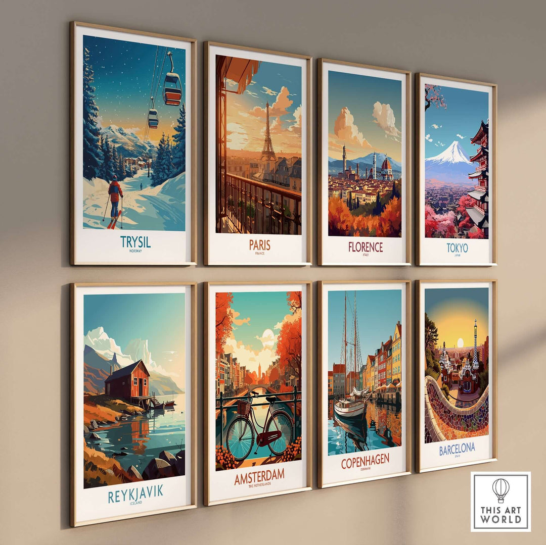 A collection of vibrant travel posters featuring Trysil, Paris, Florence, Tokyo, Reykjavik, Amsterdam, Copenhagen, and Barcelona.