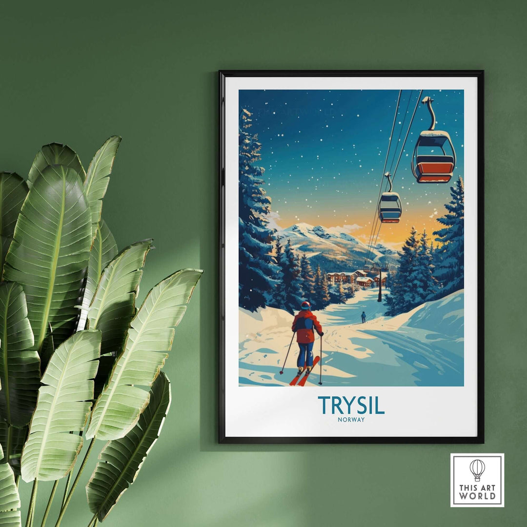 Trysil poster showcasing a skier on snowy slopes with ski lifts, capturing Norway's beautiful mountain scenery. Perfect for ski enthusiasts.