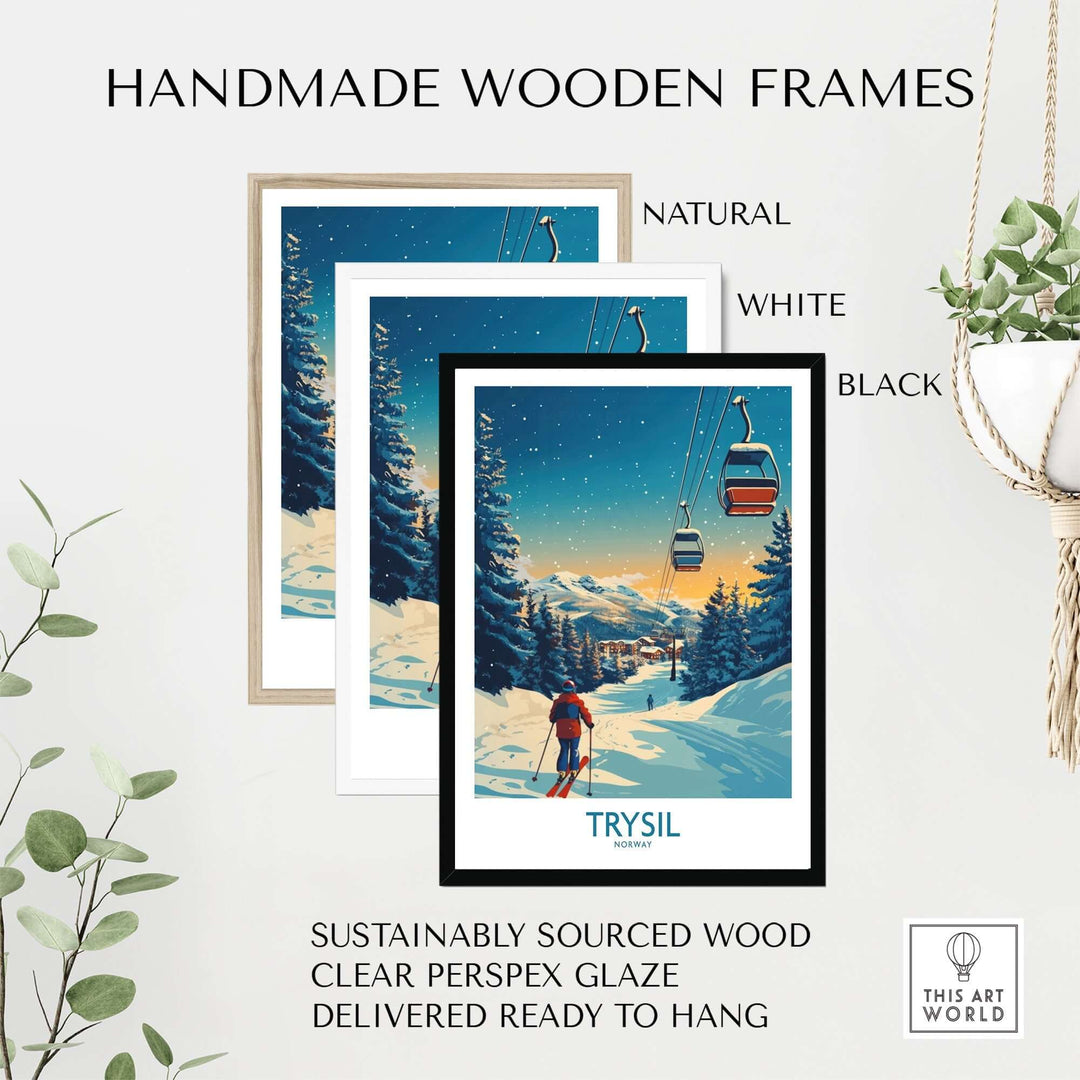 Handmade wooden frames for Trysil poster in natural, white, and black. Perfect for home decor and ready to hang.