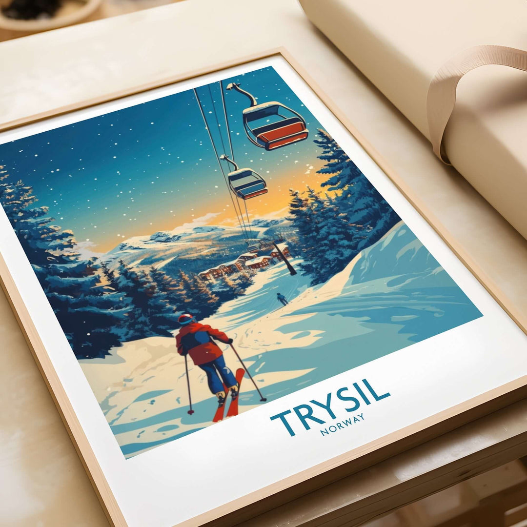 Trysil Poster depicting a skier on snowy slopes with ski lifts in Norway's beautiful mountainous landscape.