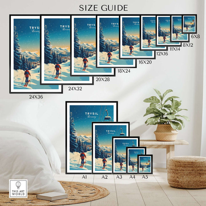 Size guide showcasing Trysil Print Norway ski art in various frame sizes for stylish home decor.