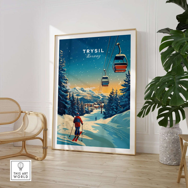 Trysil print showcasing a skier on snowy slopes with ski lift, capturing Norway's winter beauty.