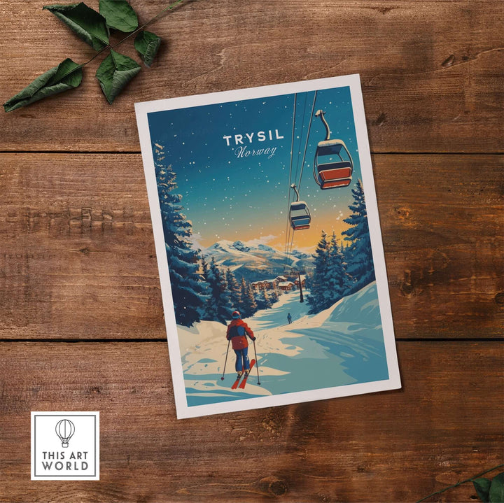 Retro Trysil Print showcasing a skier under gondolas, capturing Norway's stunning ski slopes and winter beauty.