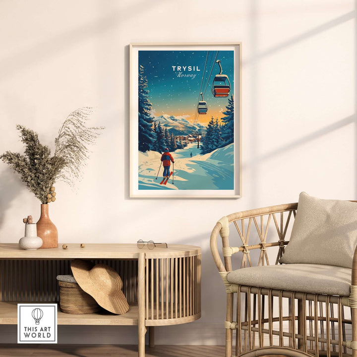 Framed Trysil Print showcasing a snowy landscape and ski lift, perfect for ski lovers and Norway enthusiasts.