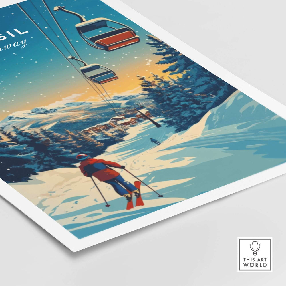 Vintage Trysil Print Norway ski poster featuring snowy slopes and a ski lift against a vibrant sunset backdrop.