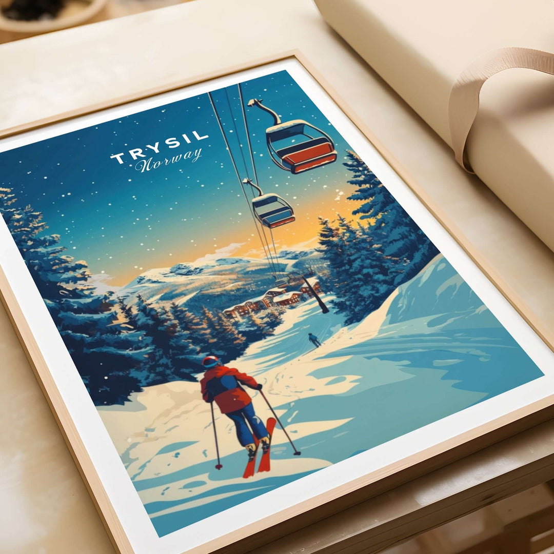 Trysil Print Norway showcasing a skier on snowy slopes with ski lifts, capturing the essence of winter sports and scenic beauty.