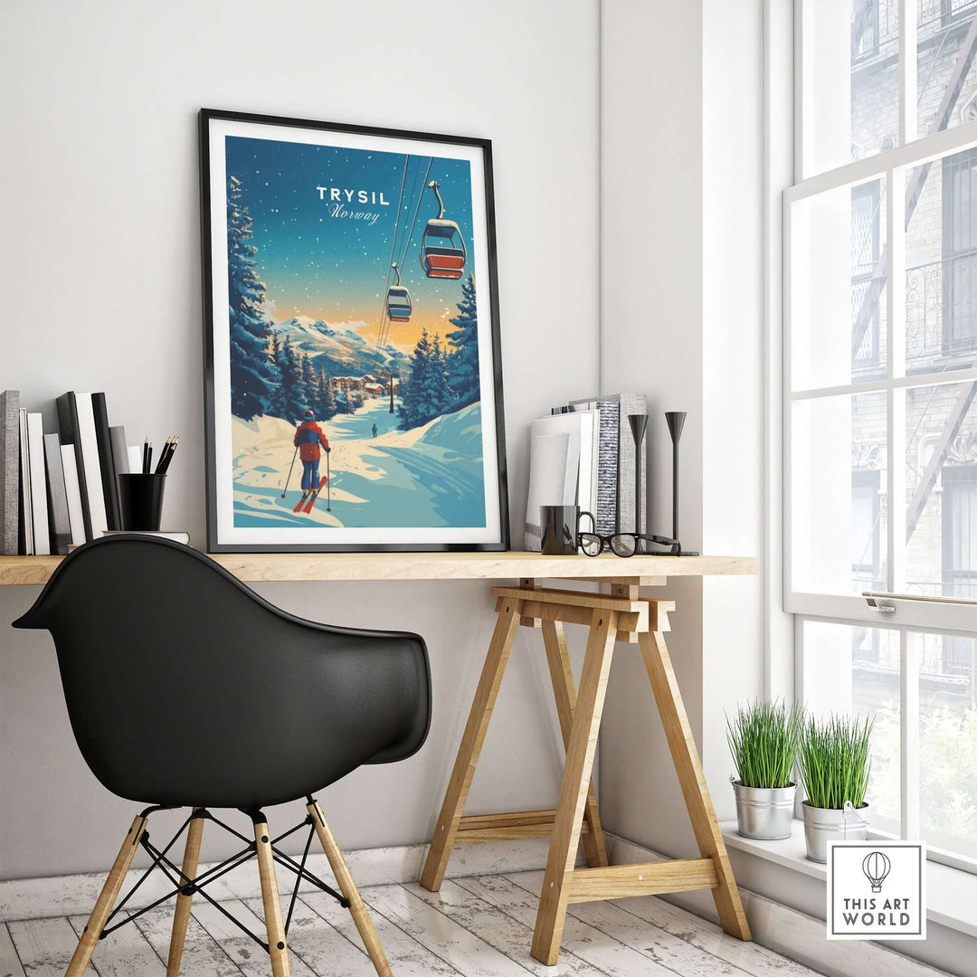 Trysil Print Norway displayed in a stylish interior, showcasing skiing scenery with chairlift and skier against a snowy backdrop.