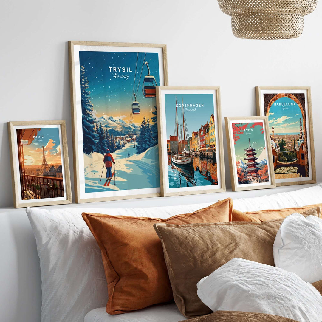 Framed Trysil Print Norway ski artwork displayed in a cozy living room setting with other travel prints.