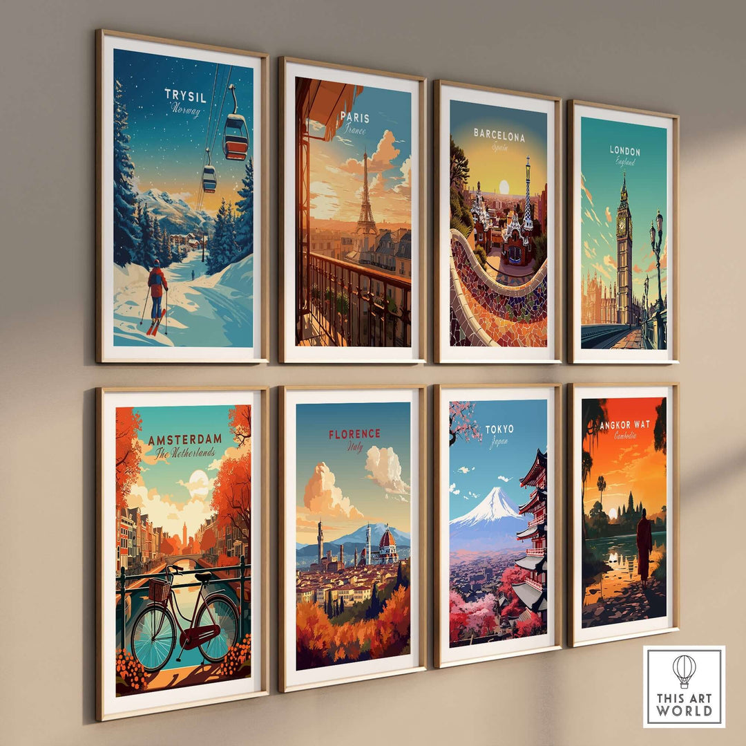 Collection of artistic travel prints featuring Trysil, Paris, Barcelona, London, Amsterdam, Florence, Tokyo, and Angkor Wat.