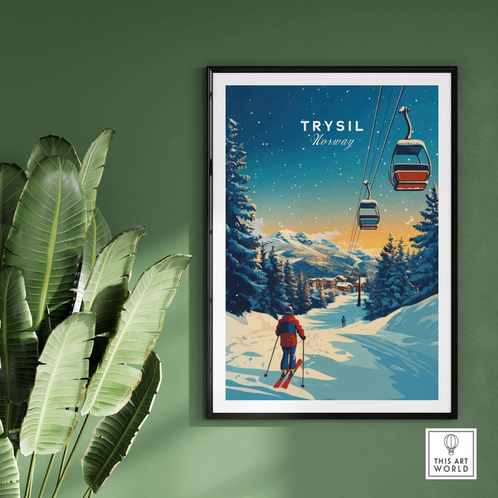 Vintage Trysil Print Norway ski artwork featuring snowy slopes and ski lifts, perfect for winter sports enthusiasts.