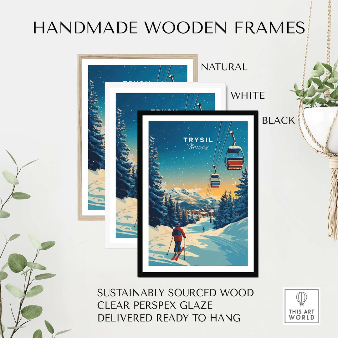 Handmade wooden frames in natural, white, and black for Trysil Print Norway, featuring sustainable materials and ready-to-hang design.