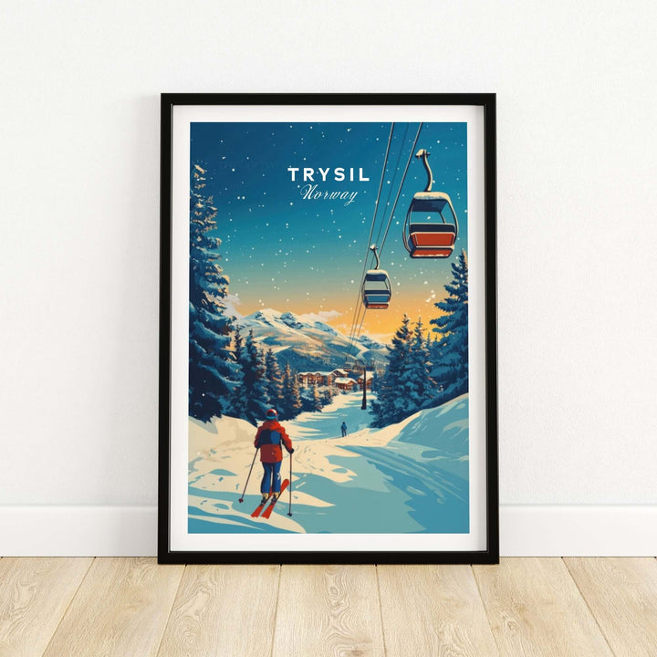 Vintage Trysil Print featuring a skier and gondolas against a snowy Norwegian landscape. Perfect for ski enthusiasts.